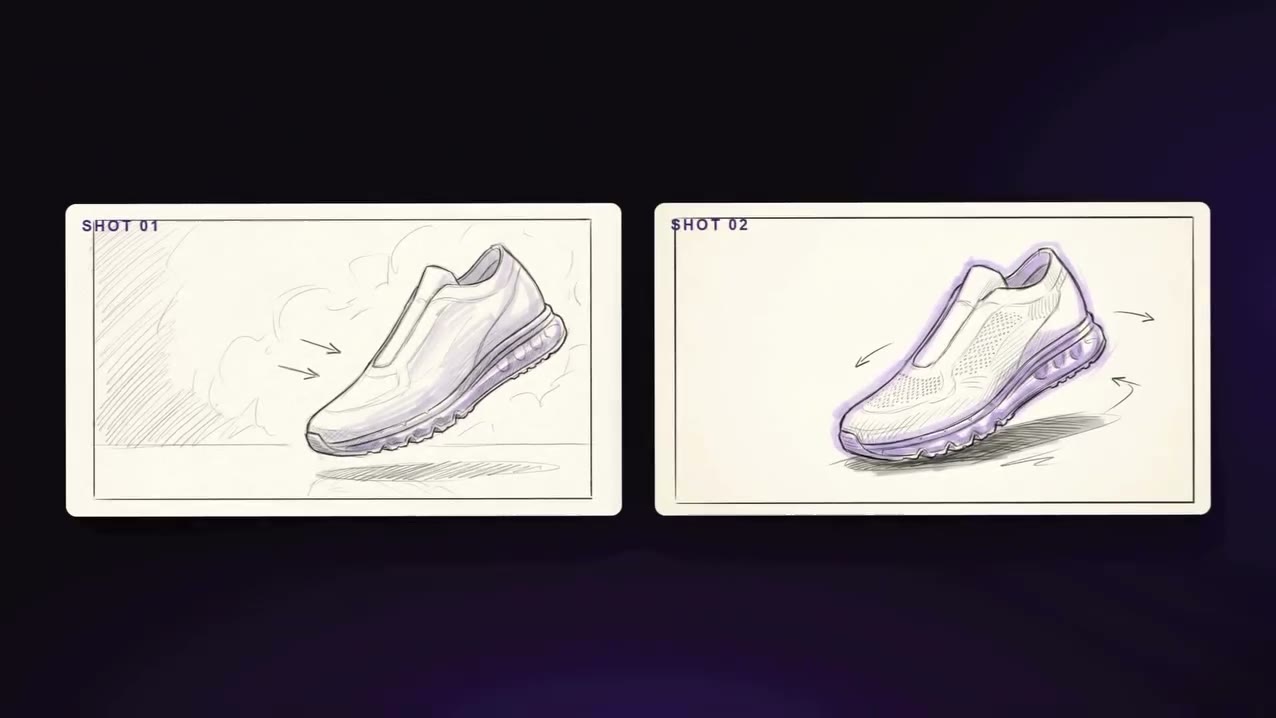 Two pencil sketches of a sneaker being turned into shots.